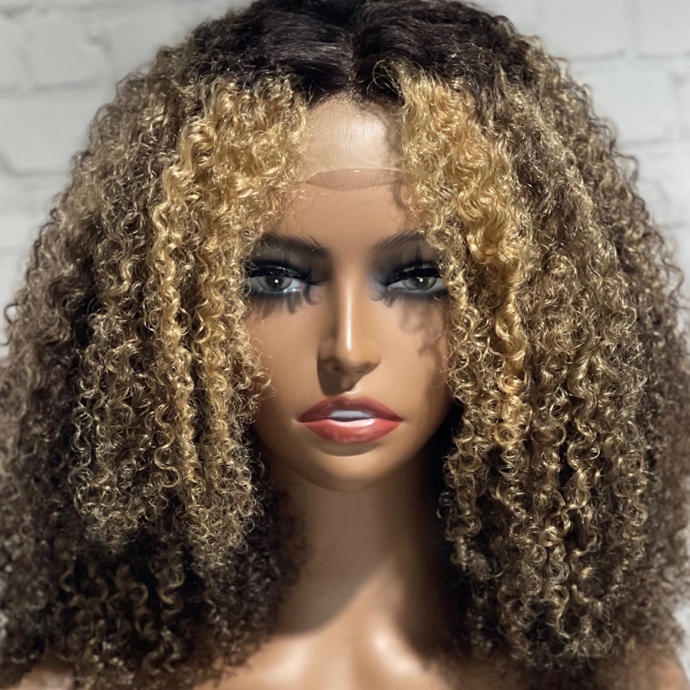 18 inch custom highlighted kinky curly wig| blonde highlight curly wig